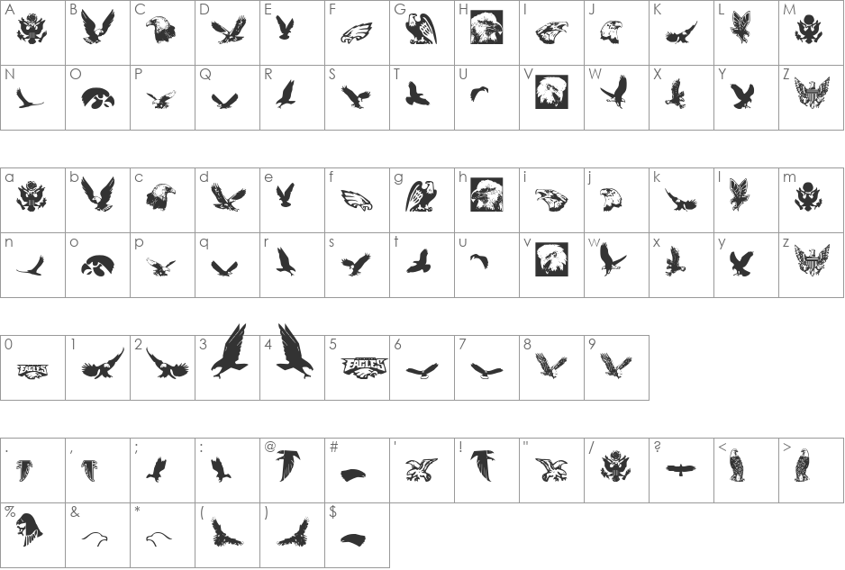 Eaglemania font character map preview