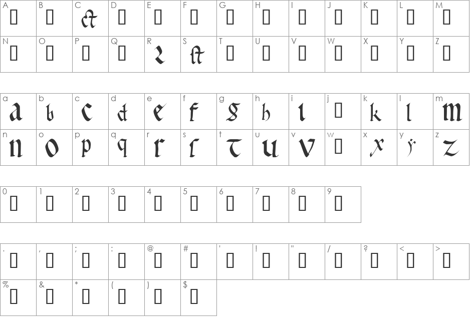 Early Gothic font character map preview