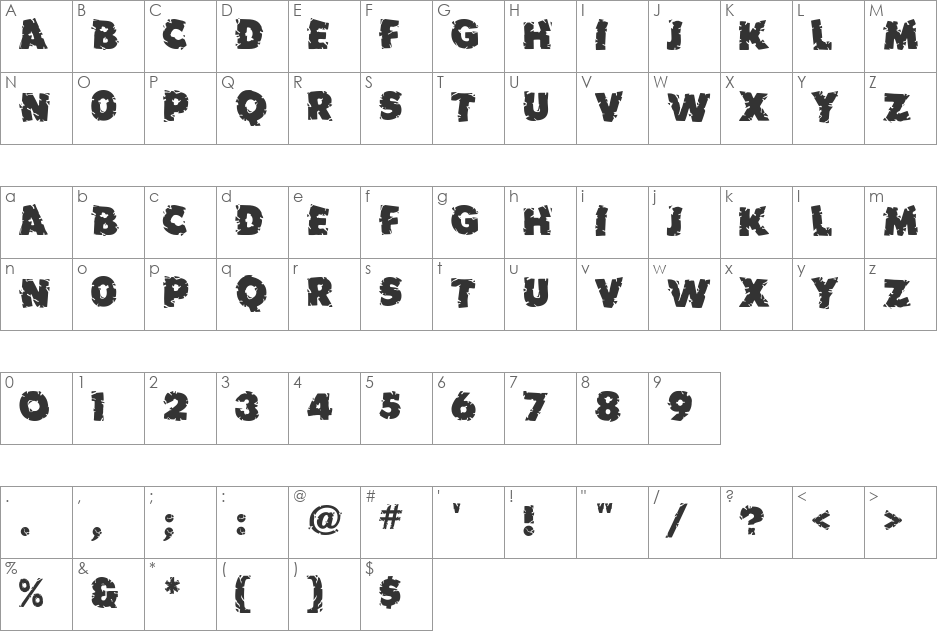 Earthquake MF font character map preview