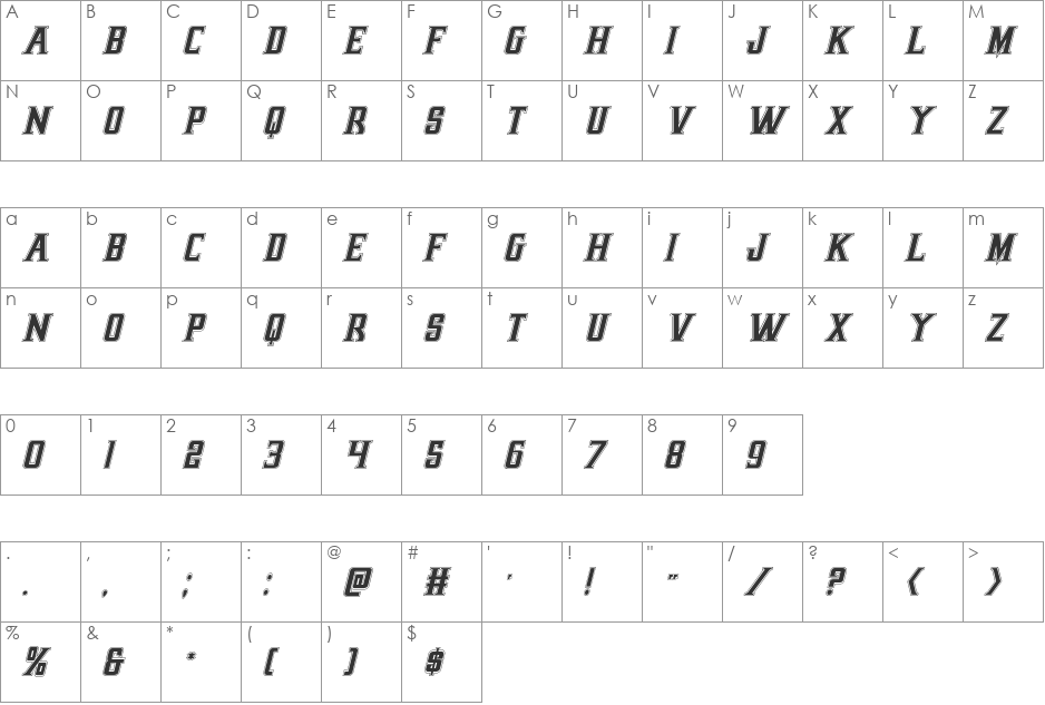 Earthrealm Academy Italic font character map preview