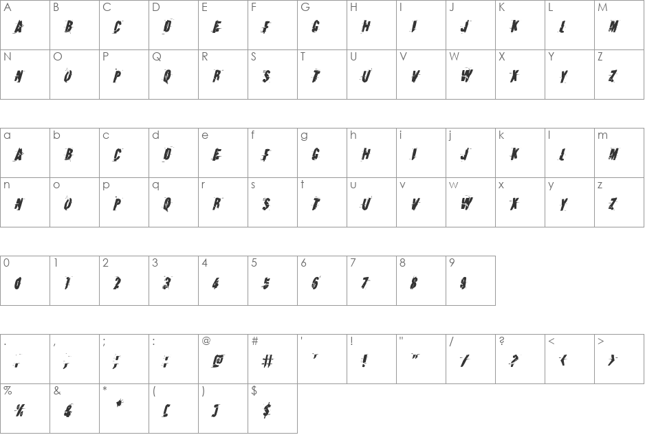 Earthshake Condensed Italic font character map preview