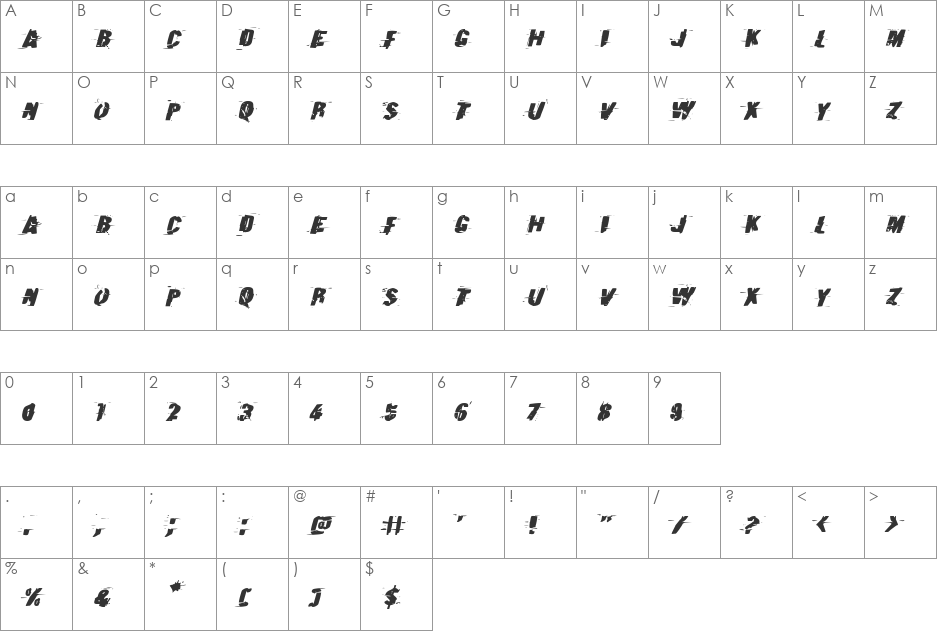 Earthshake Expanded Italic font character map preview