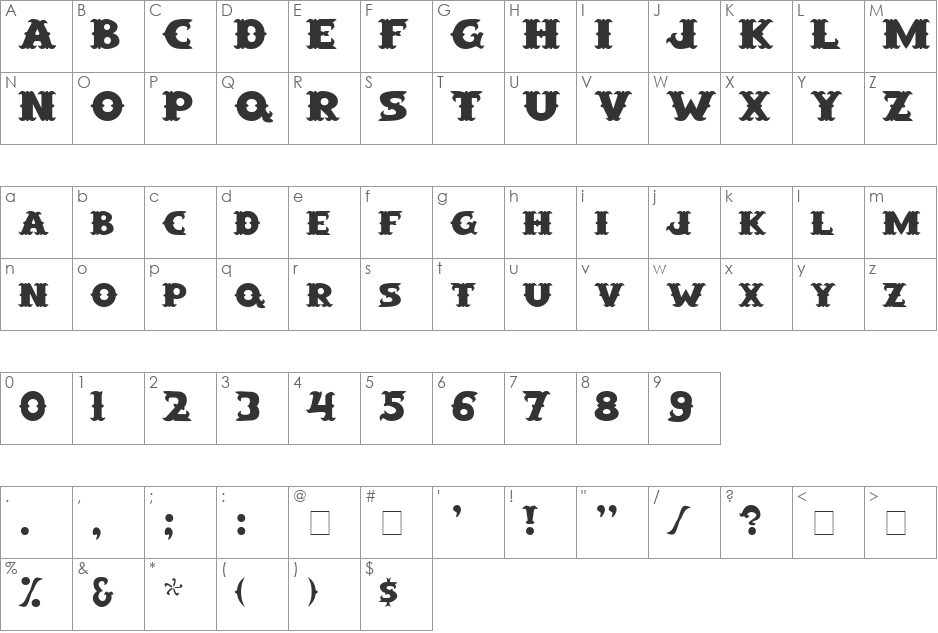 East Heavy font character map preview