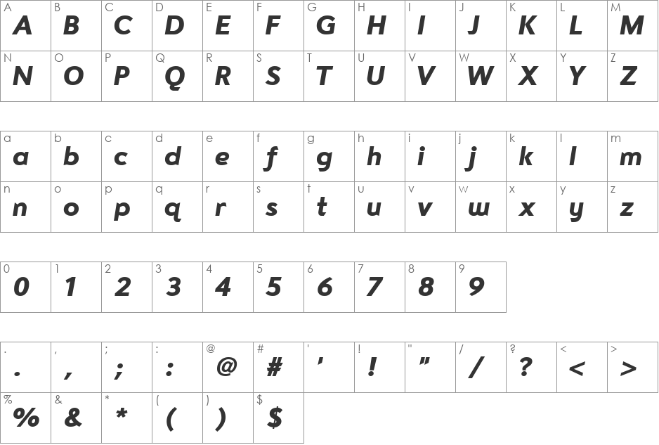 EffectraHeavySlant font character map preview