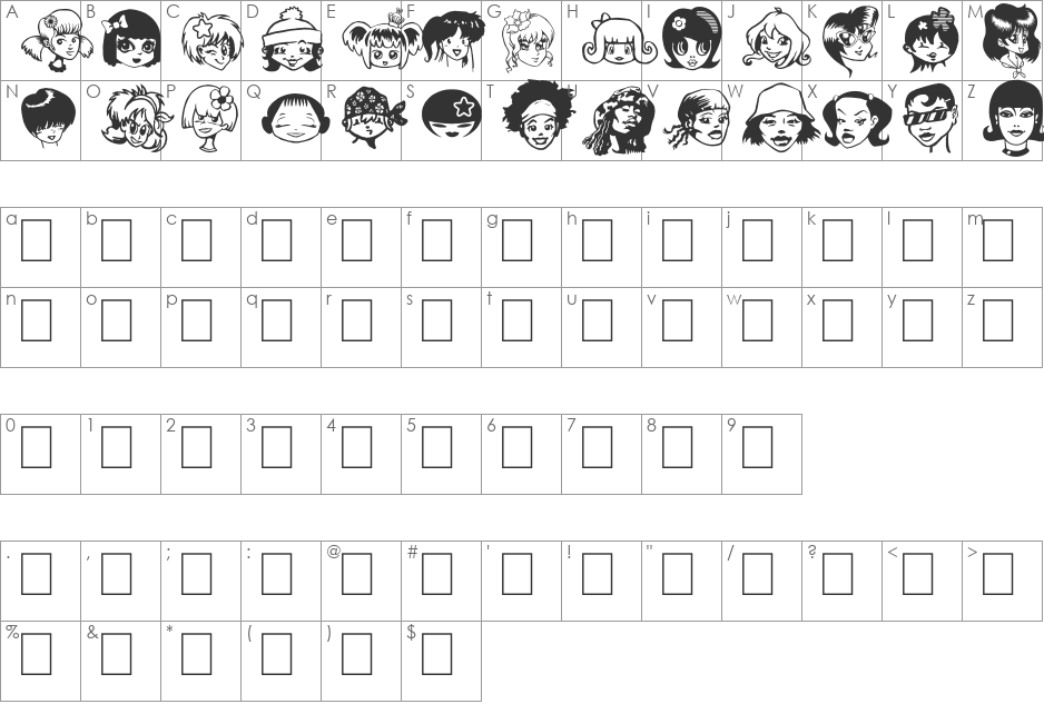 Egirlz font character map preview