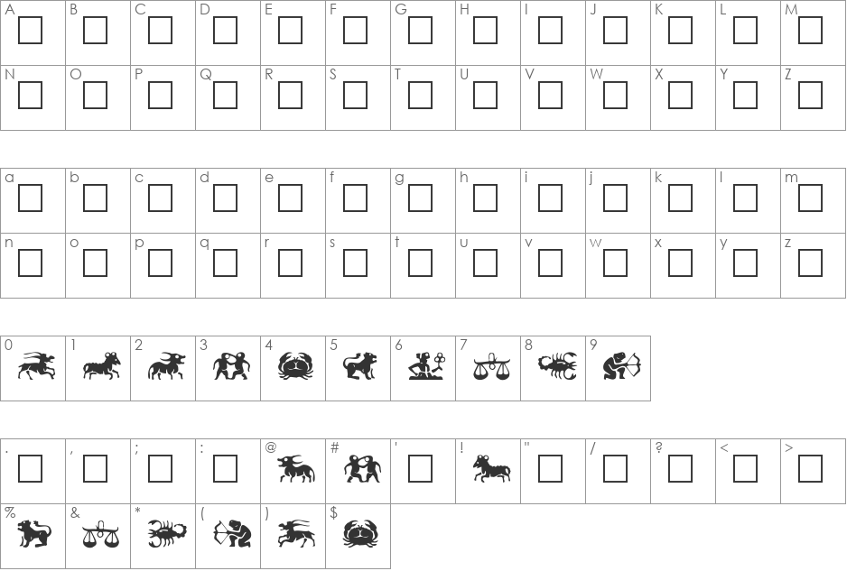 EileensMediumZodiac font character map preview