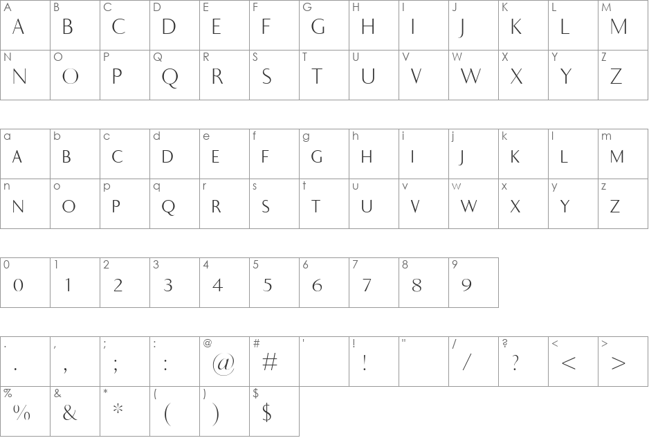 Ela Sans XLight Caps font character map preview