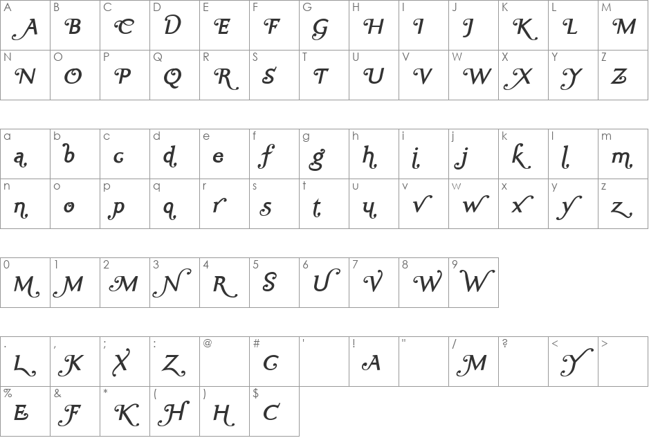 Ela Swashes SemiBold font character map preview