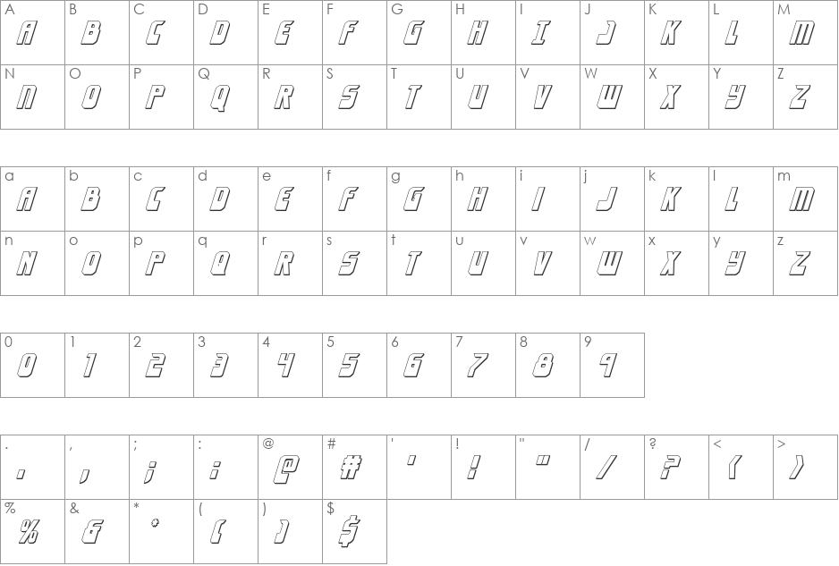 Eldebaran 3D Italic font character map preview