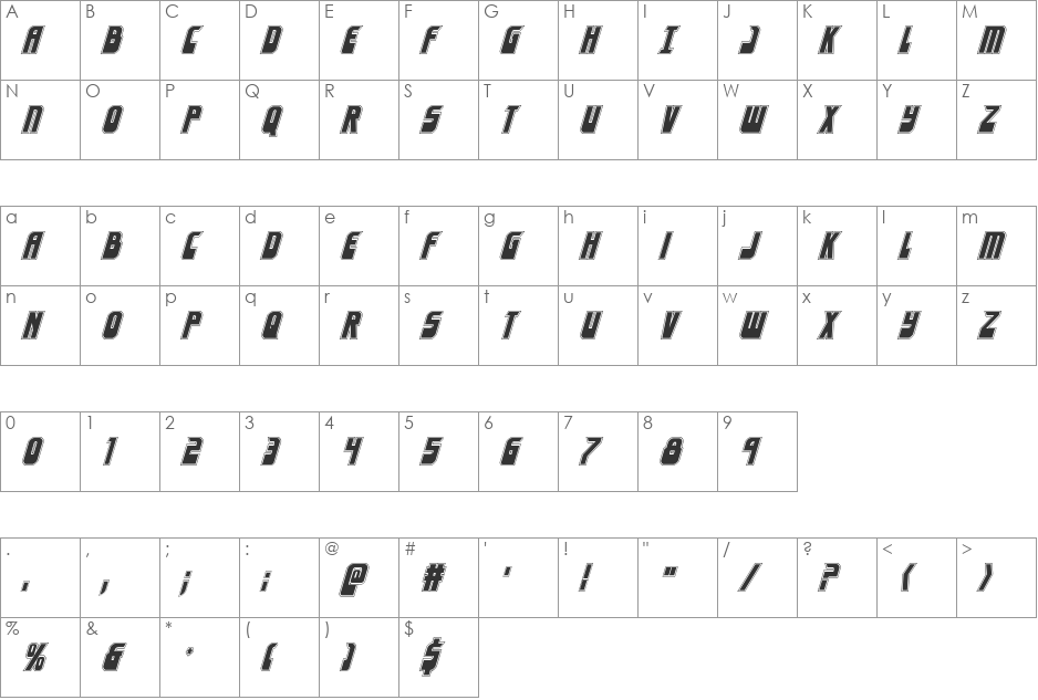 Eldebaran Academy Italic font character map preview