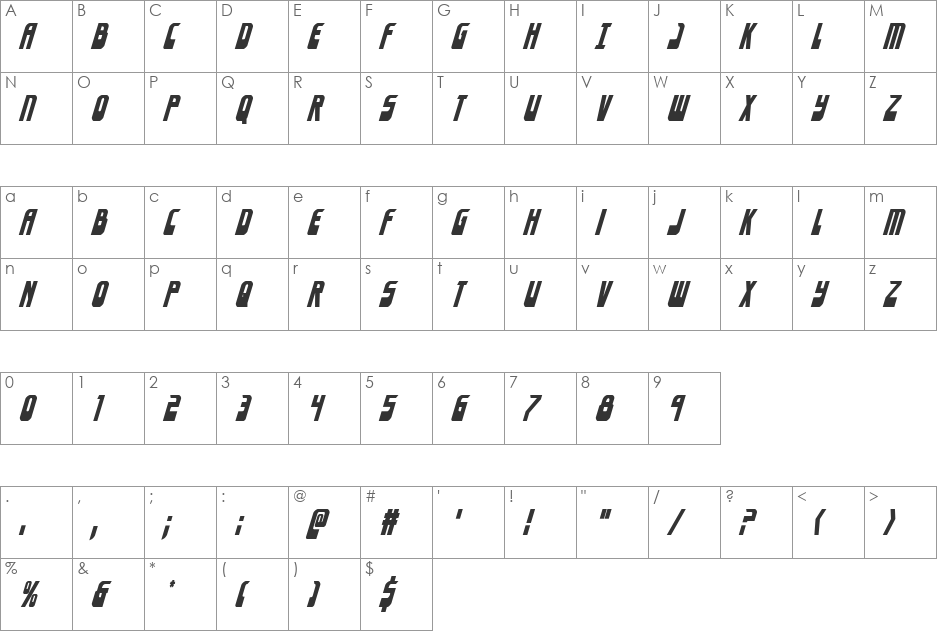 Eldebaran Condensed Italic font character map preview