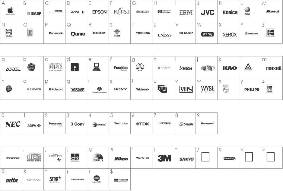 Electronics font character map preview