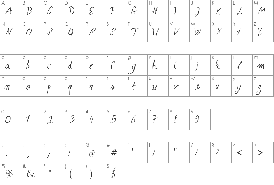 Elegance font character map preview