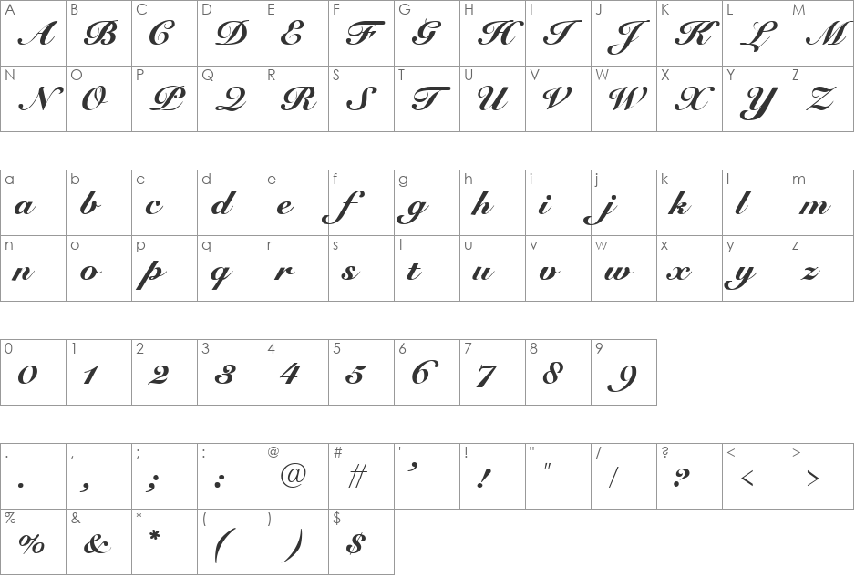 Elegant-Script font character map preview