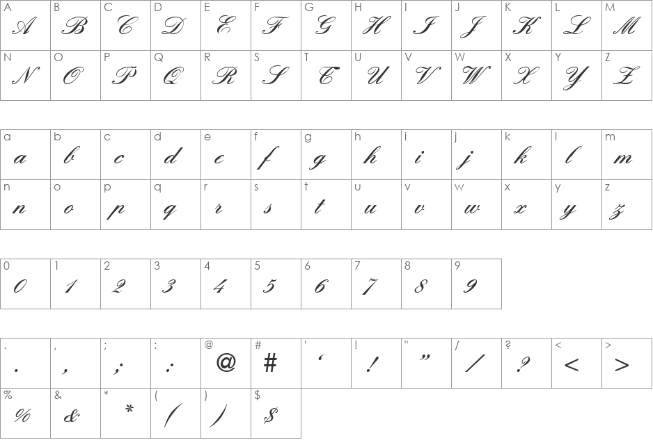 ElegantHandTwo font character map preview