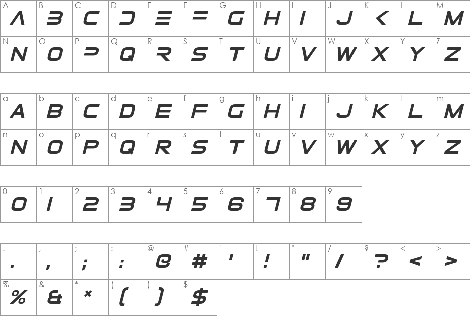 Elemental End font character map preview