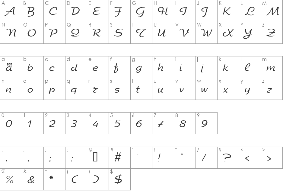 Elfring EliteLight font character map preview