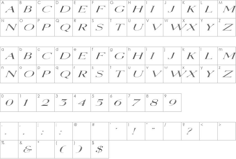 Elizabeth Ex Italic font character map preview