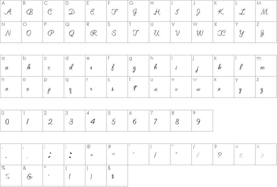Elizabeth Semi-Script font character map preview