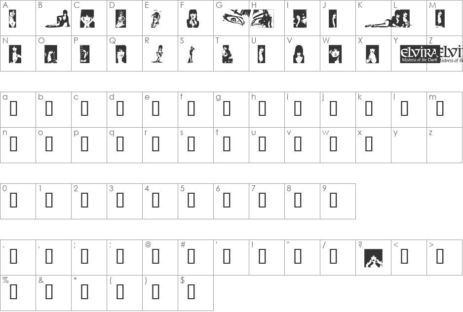 Elvira Dingbats font character map preview