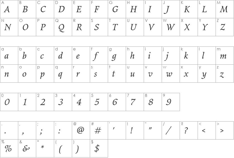 Elysium Book Italic font character map preview