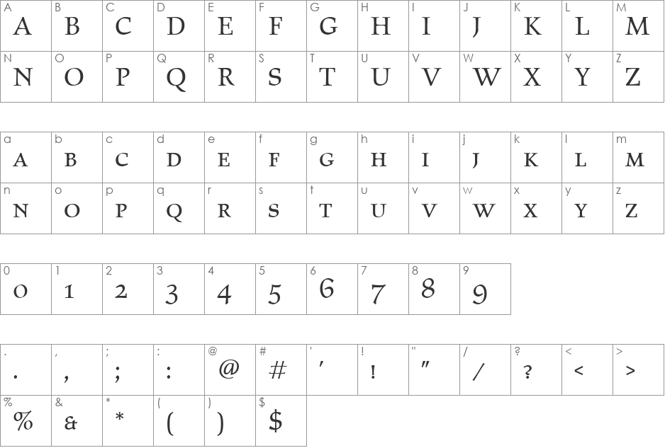 Elysium Small Caps LET font character map preview