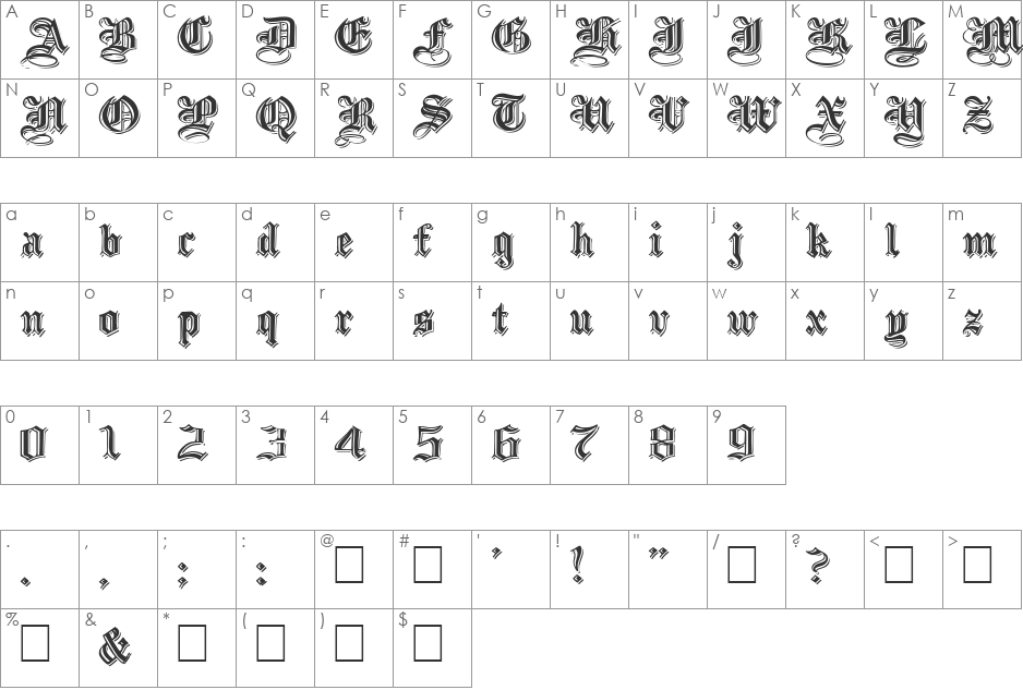 EmbossedBlackWide font character map preview