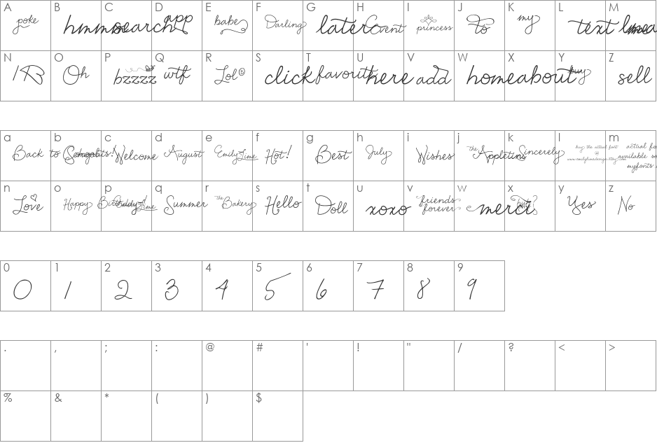Emily Lime Words font character map preview