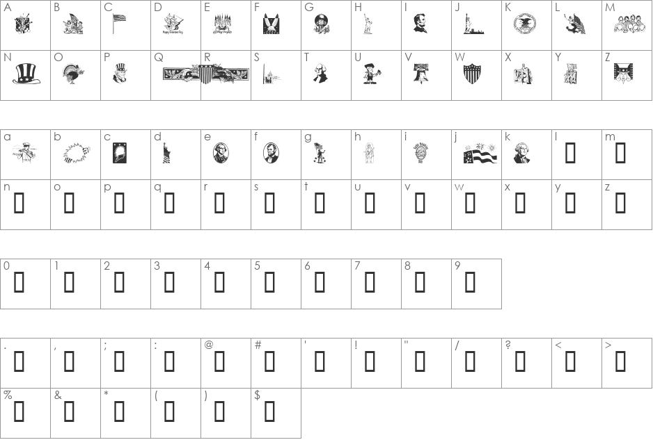 Americanic font character map preview