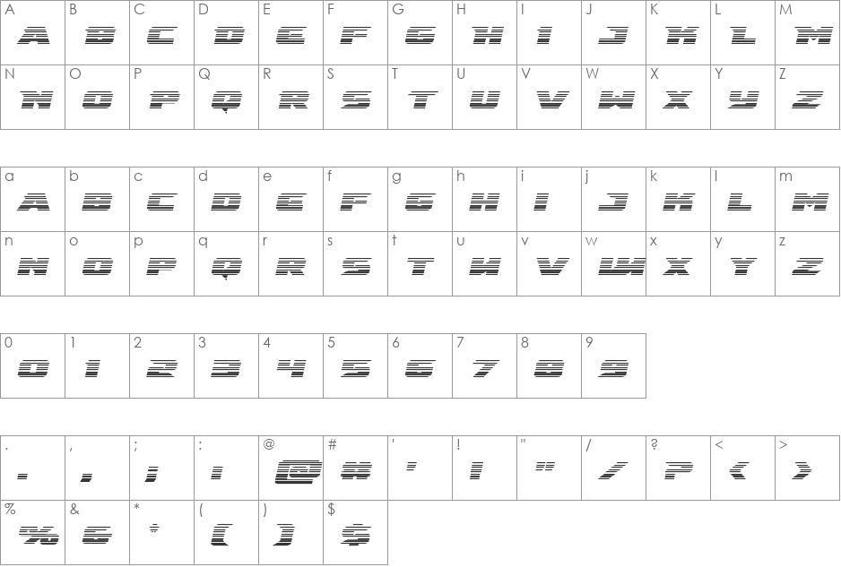 Emissary Scanlines Italic font character map preview