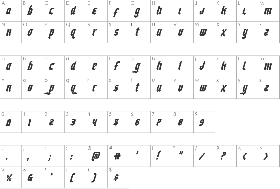 Empire Crown Condensed Italic font character map preview