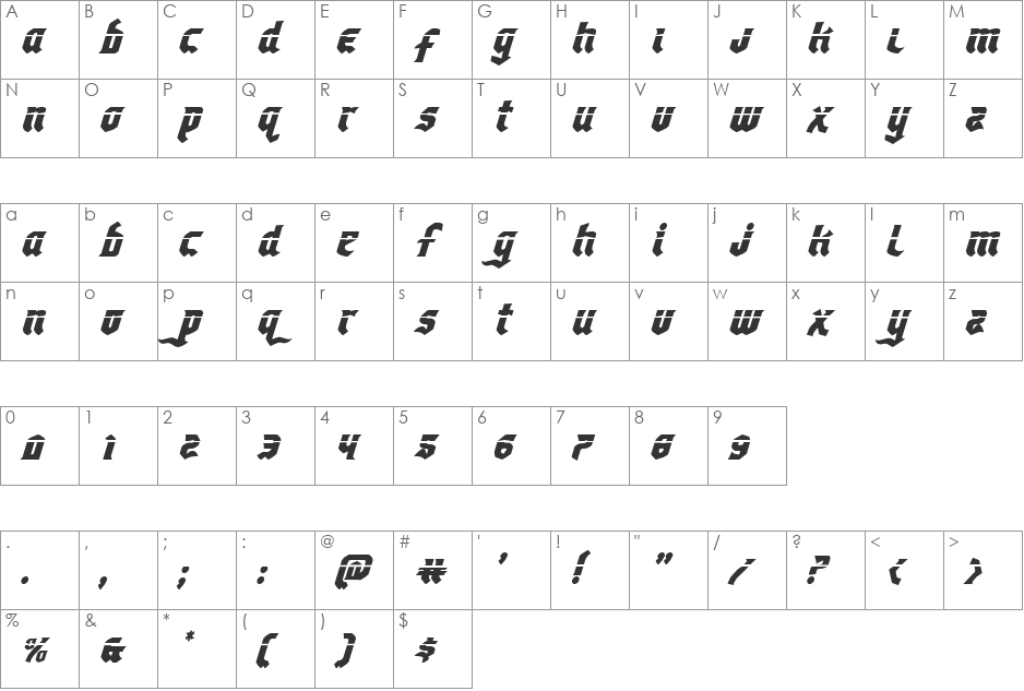 Empire Crown Laser Italic font character map preview