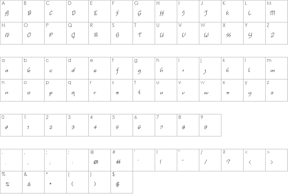 en simple script font character map preview