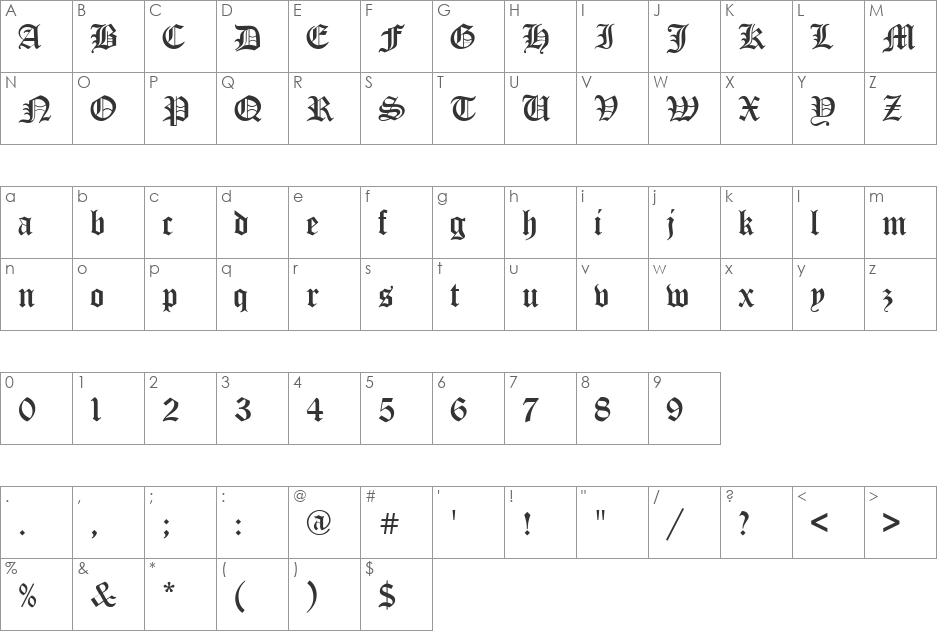 Encient German Gothic font character map preview