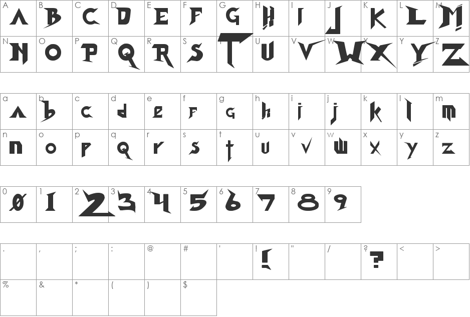 Endbuster font character map preview