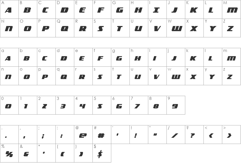 Americorps Bold Condensed font character map preview