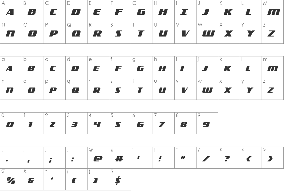 Americorps Condensed font character map preview