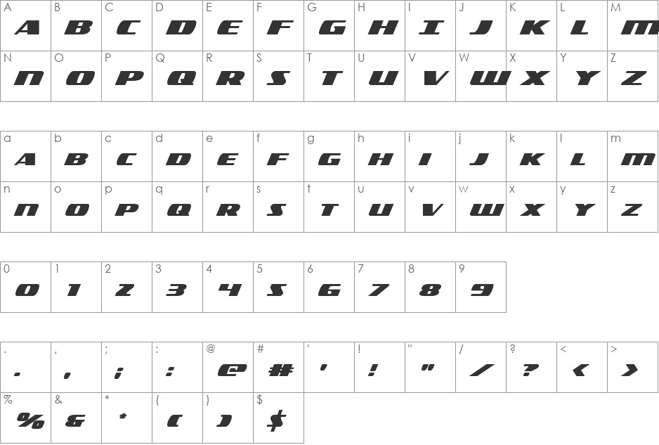 Americorps Expanded font character map preview