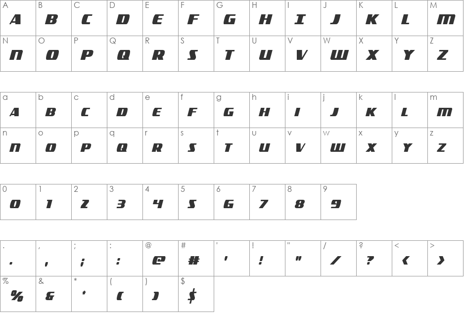 Americorps Extra-condensed font character map preview