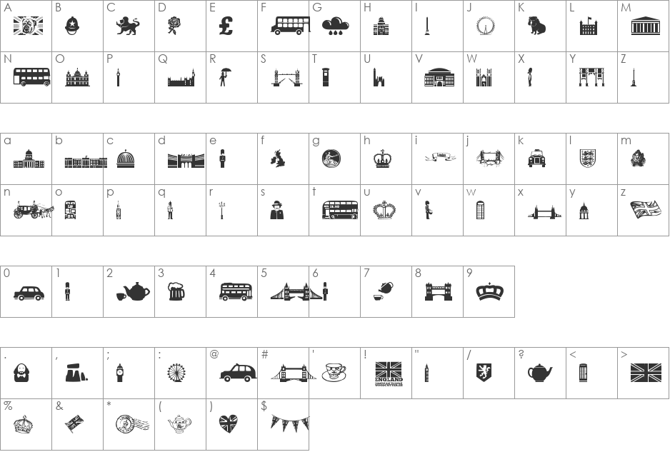 England font character map preview