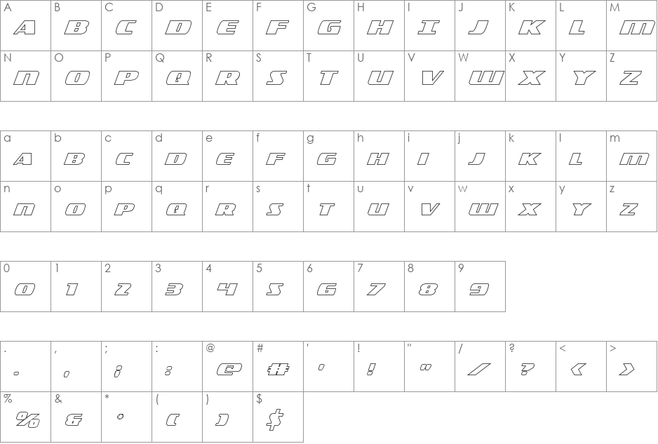 Americorps Outline font character map preview