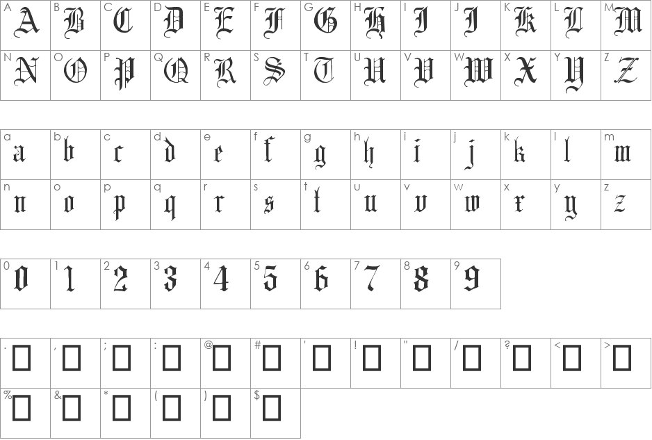 English Gothic, 17th c. font character map preview