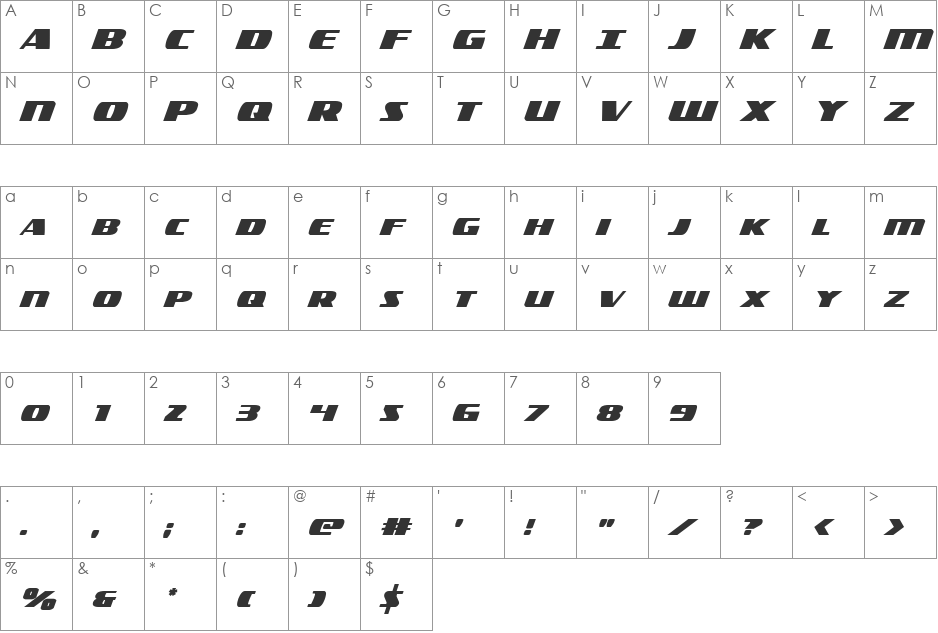 Americorps Outline Condensed font character map preview