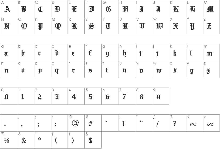 English Towne font character map preview