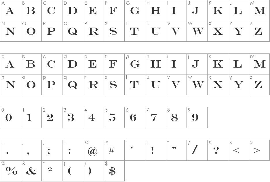 Engravers MT font character map preview