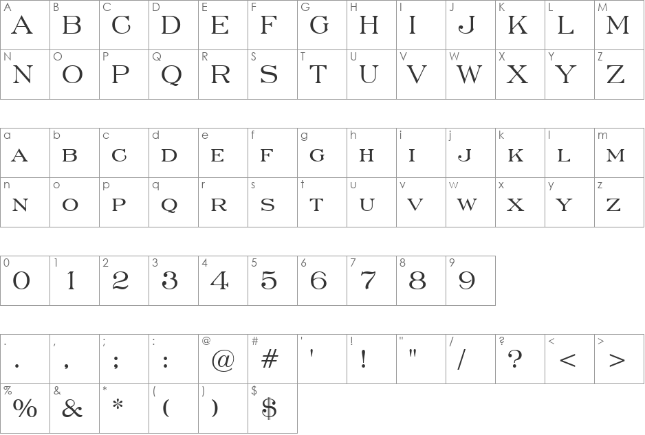 EngravrsRoman BT font character map preview