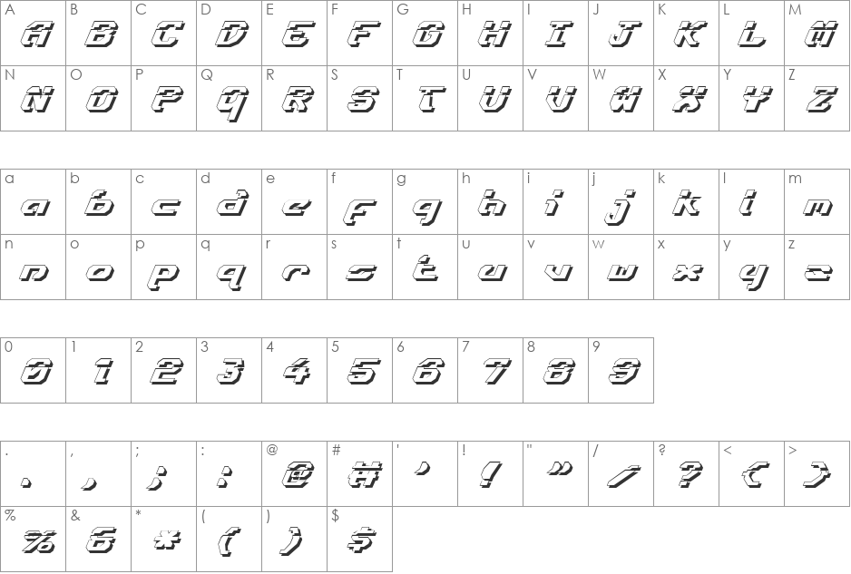 Ensign Flandry LasShad Italic font character map preview