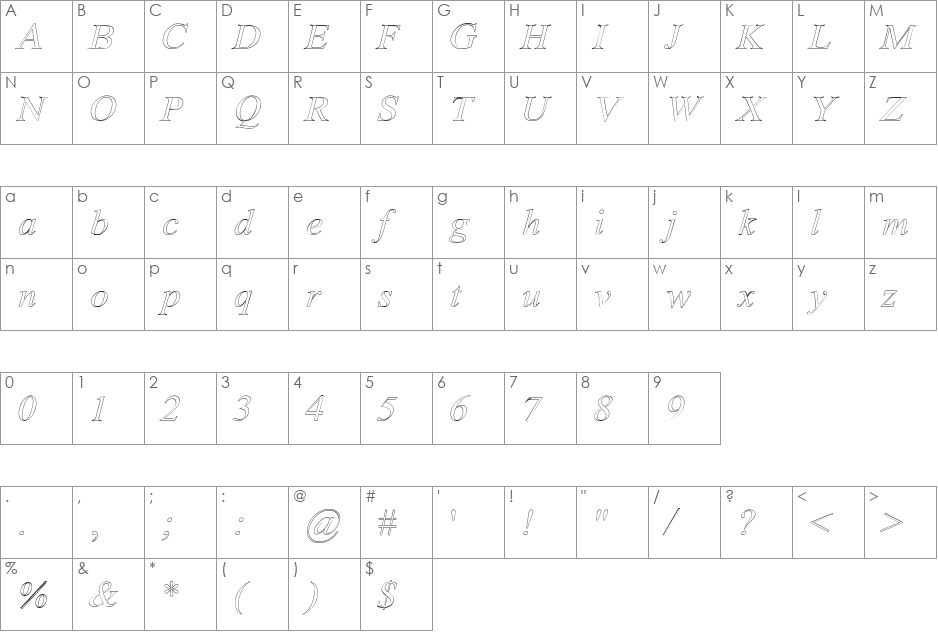 Amerton Outline font character map preview