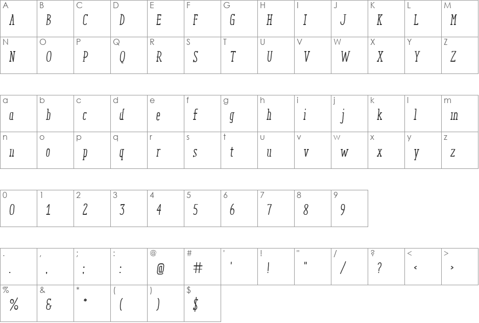 ENYO Serif Medium Italic font character map preview