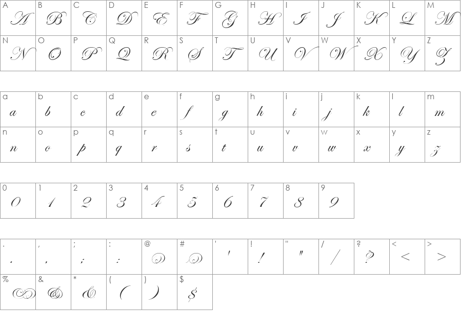 Esenin script Two font character map preview